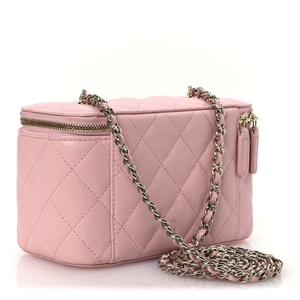 Caviar Quilted  Vanity Case With Chain Pink