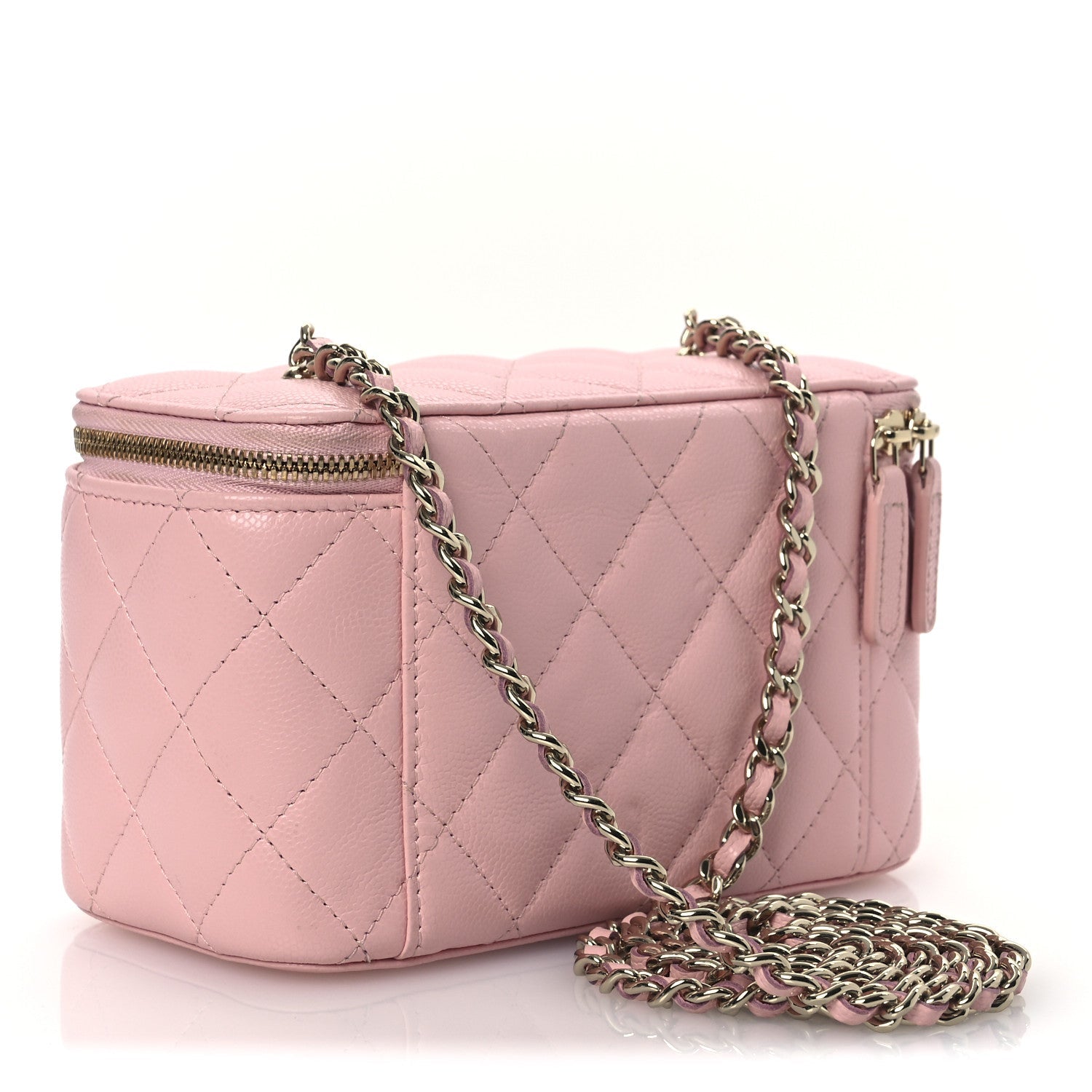Caviar Quilted  Vanity Case With Chain Pink