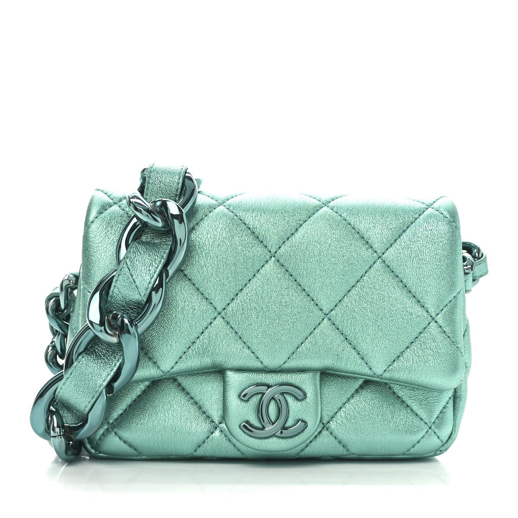 Metallic Lambskin Quilted Mini Lacquered Chain Flap Turquoise