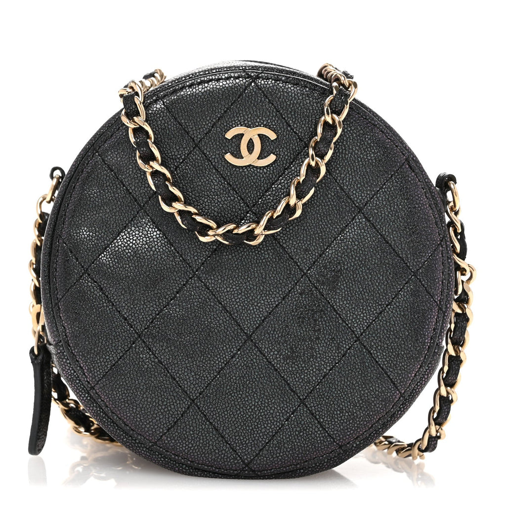 Iridescent Caviar Quilted Round Clutch With Chain Black
