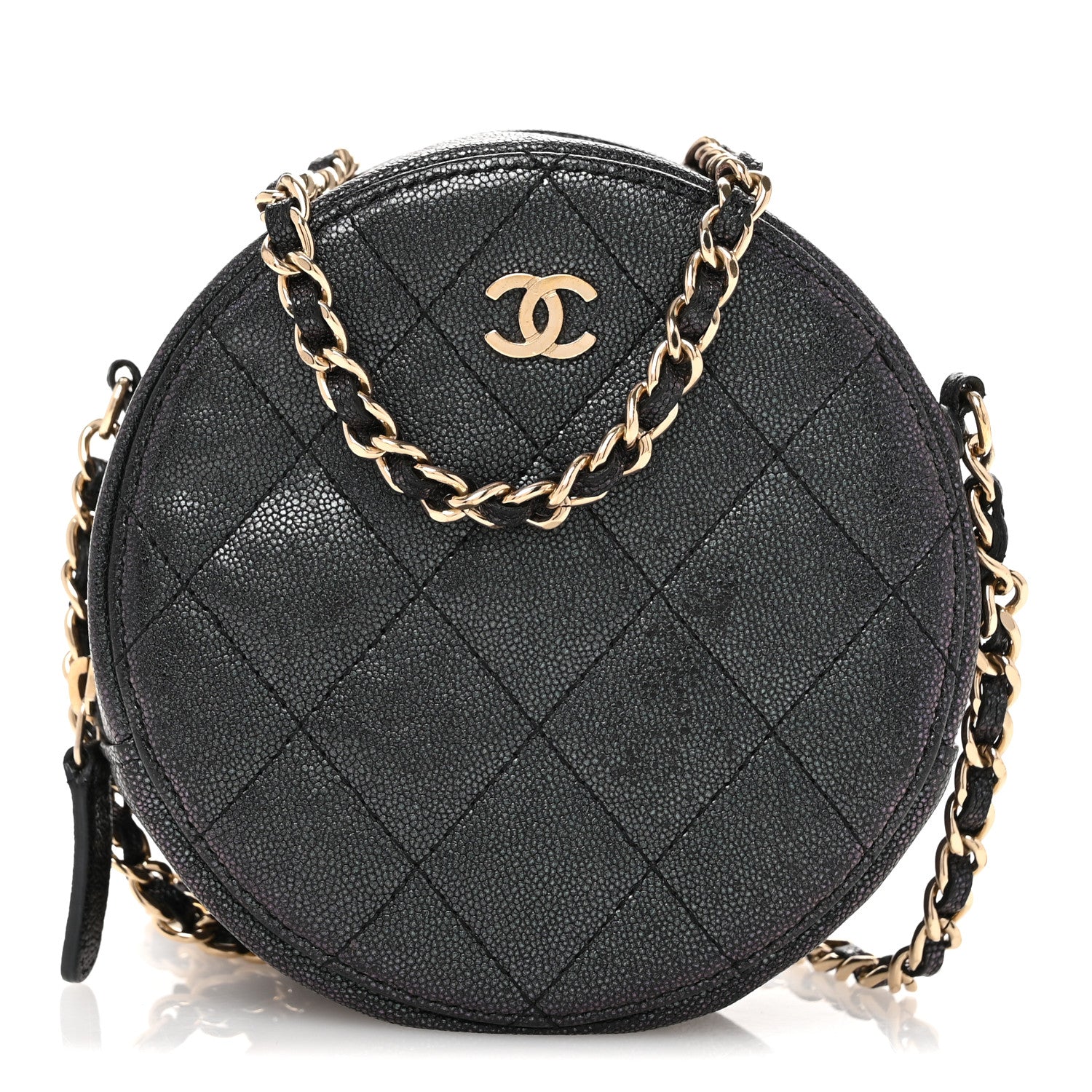 Iridescent Caviar Quilted Round Clutch With Chain Black