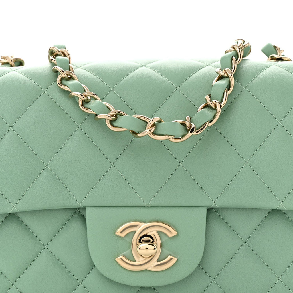 Lambskin Quilted Mini Rectangular Flap Light Green