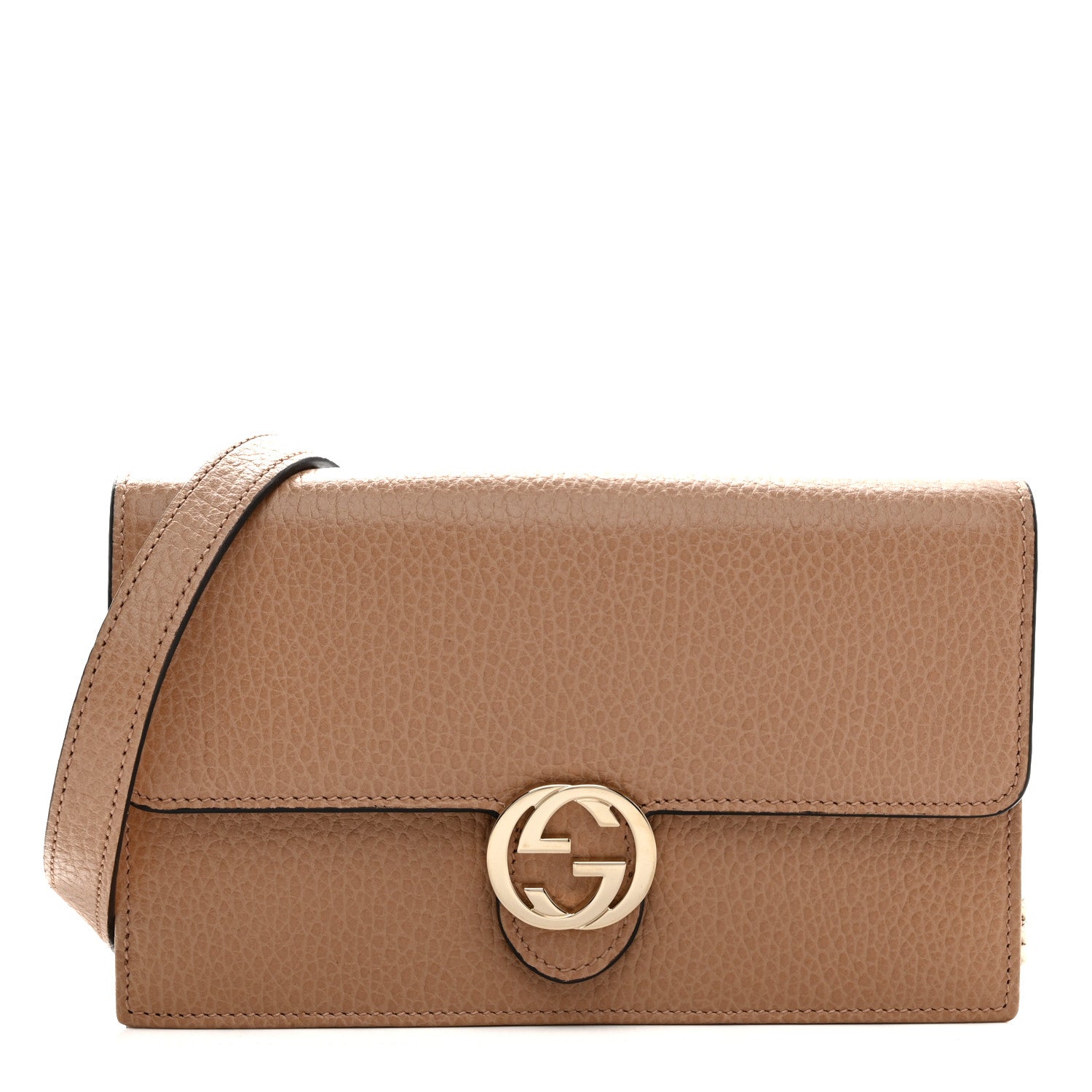 Dollar Calfskin Interlocking G Chain Wallet Camelia