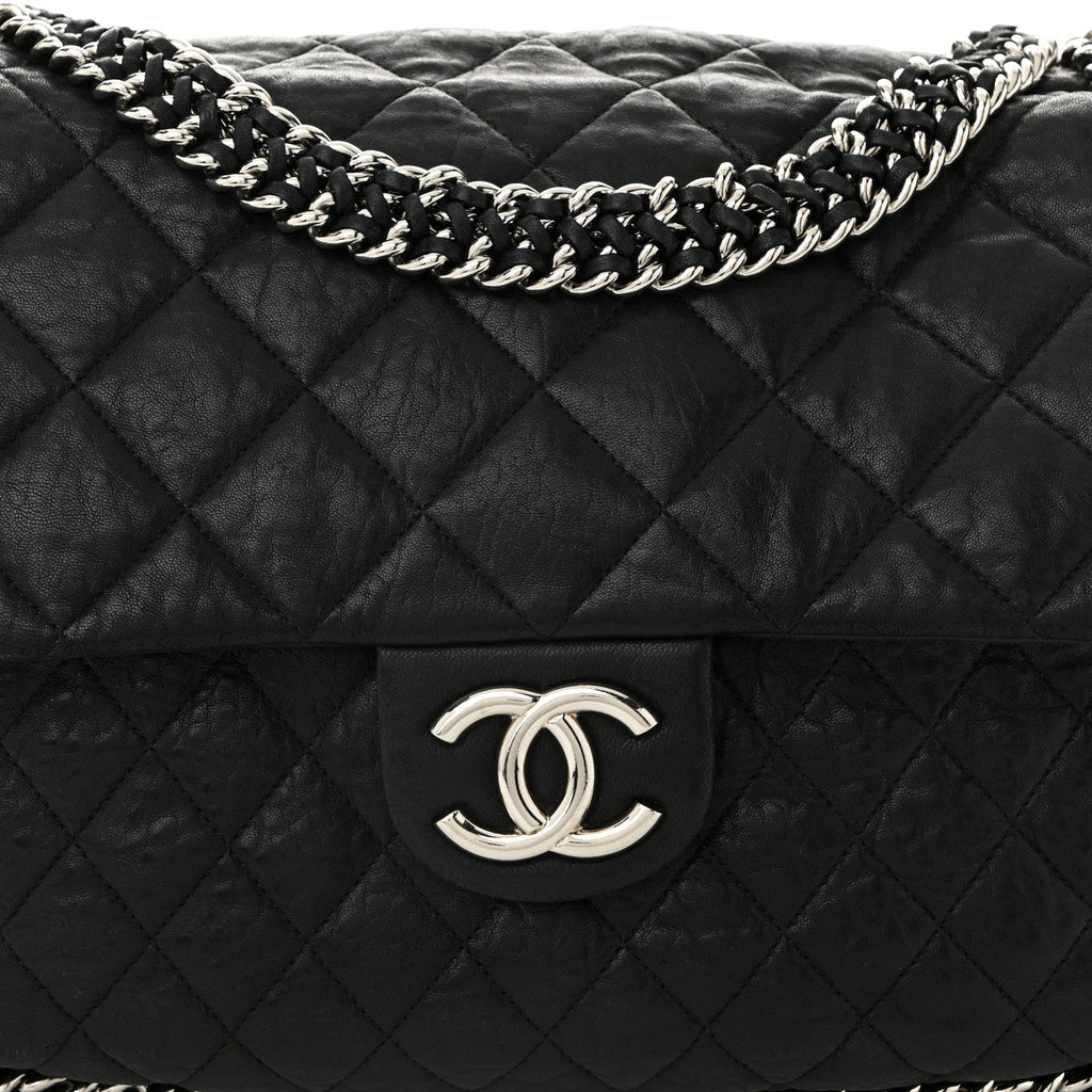 Washed Lambskin Quilted Maxi Chain Around Flap Black