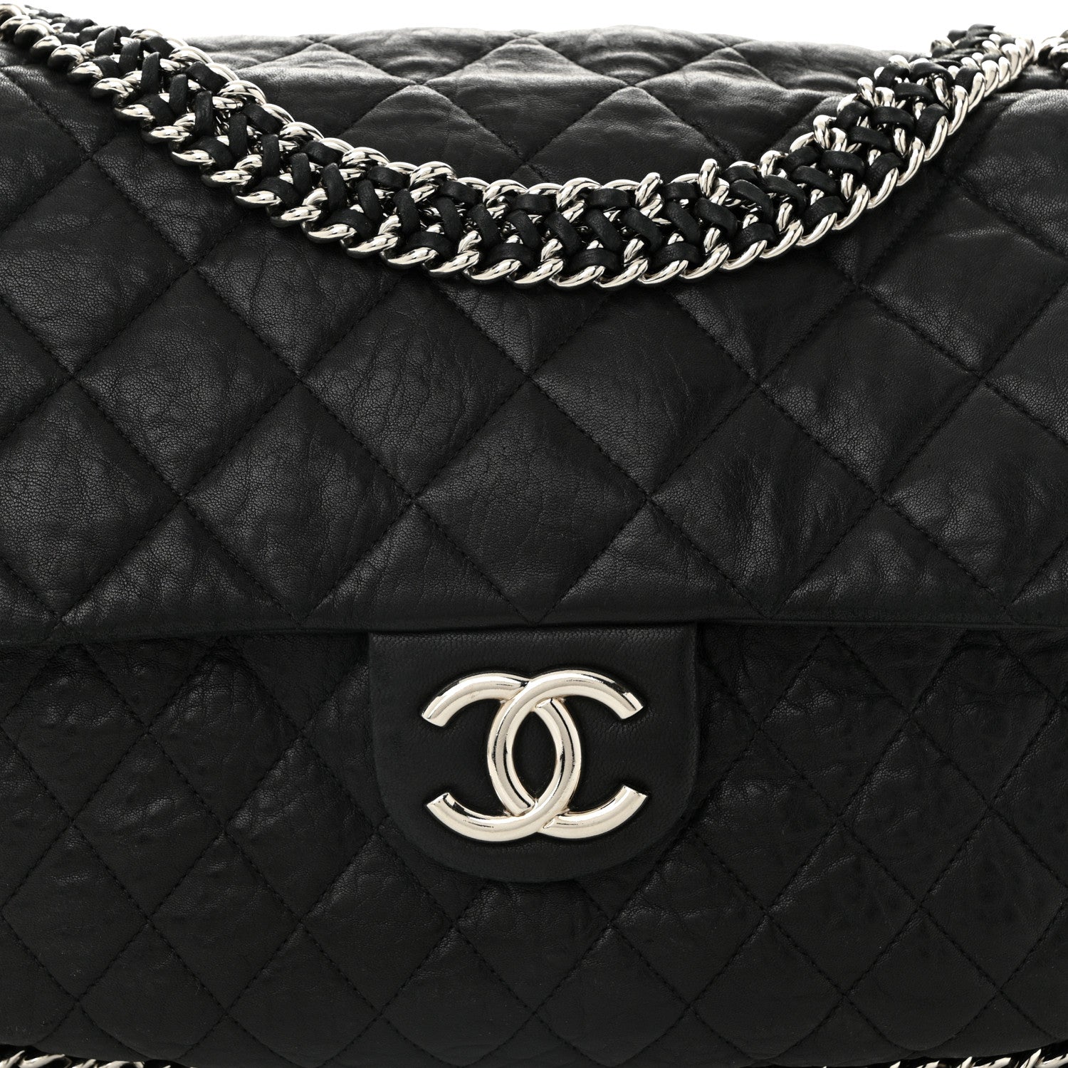 Washed Lambskin Quilted Maxi Chain Around Flap Black