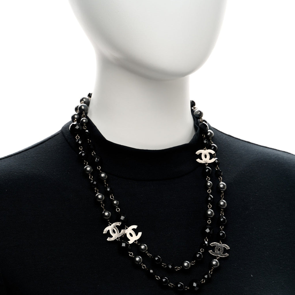 Ruthenium Pearl Beaded CC Long Necklace Black