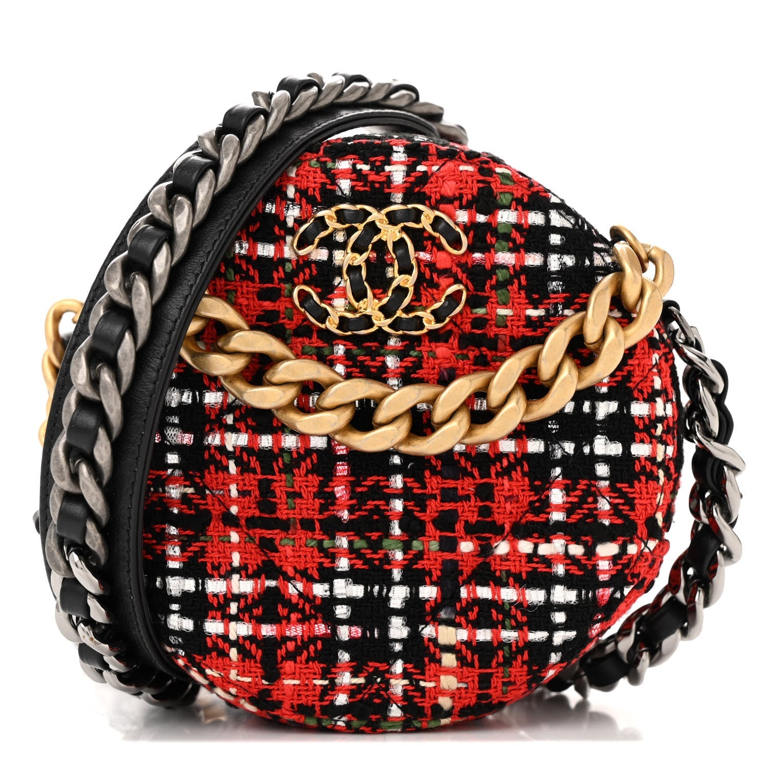 Tweed Quilted Chanel 19 Round Clutch With Chain  Red Black White Green
