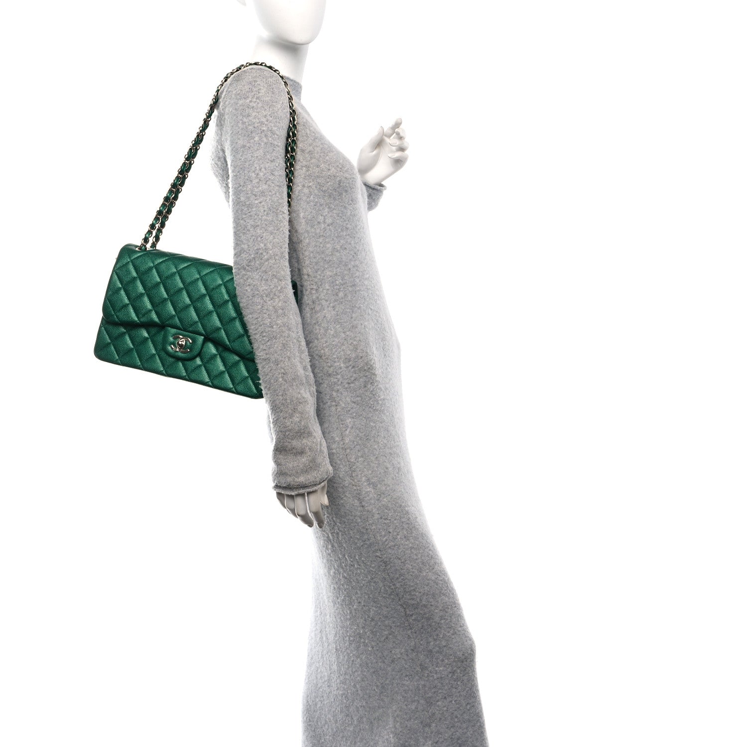 Metallic Caviar Quilted Jumbo Double Flap Green
