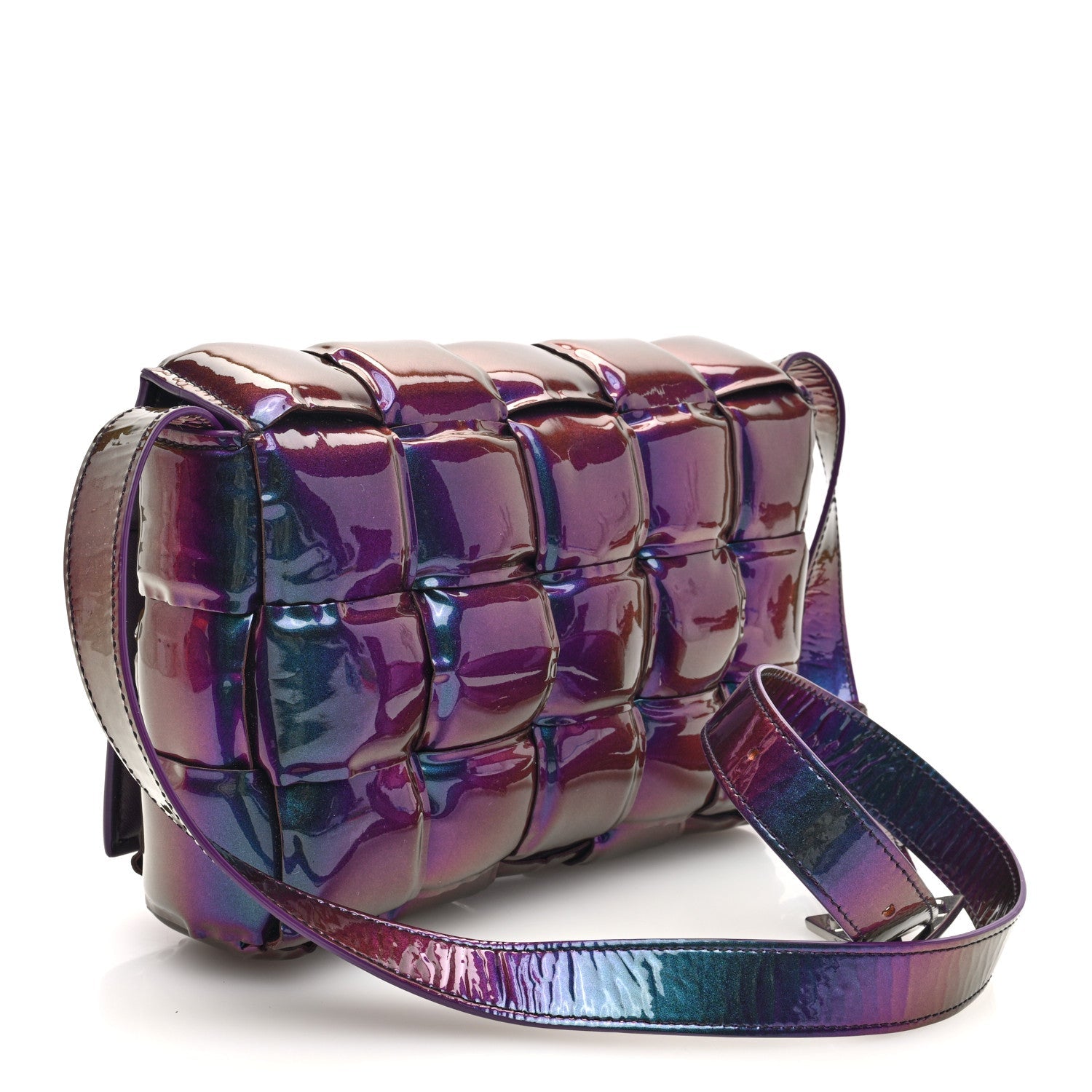Glossy Nail Polish Nappa Maxi Intreccio Padded Cassette Crossbody Bag Holographic