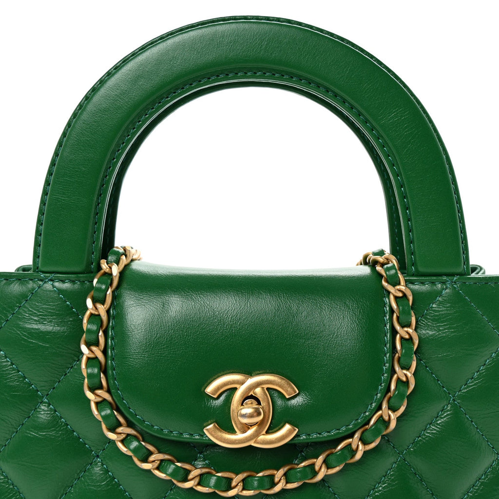 Shiny Aged Calfskin Quilted Nano Kelly Shopper Green