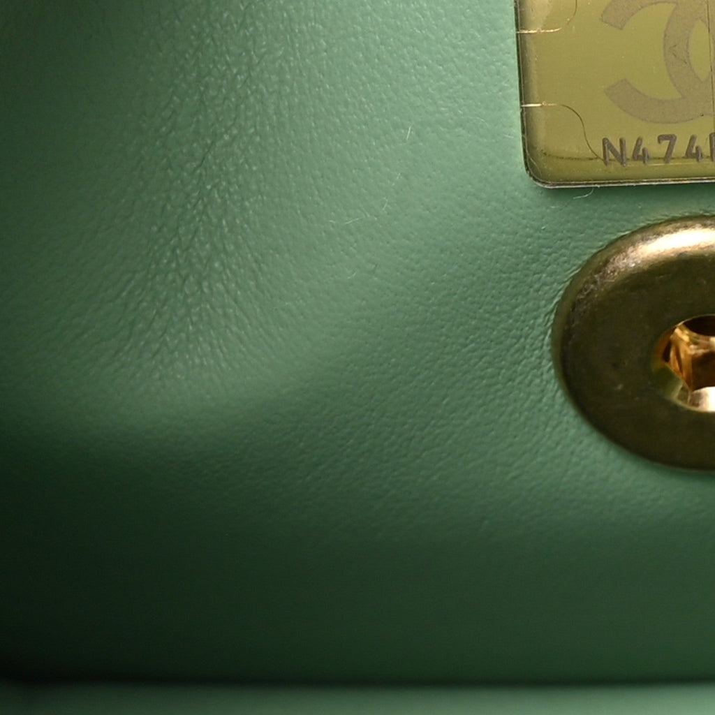 Shiny Calfskin Quilted Mini Metal Top Handle Flap Light Green