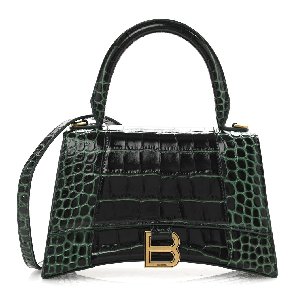 Shiny Calfskin Crocodile Embossed Small Hourglass Top Handle Bag Forest Green