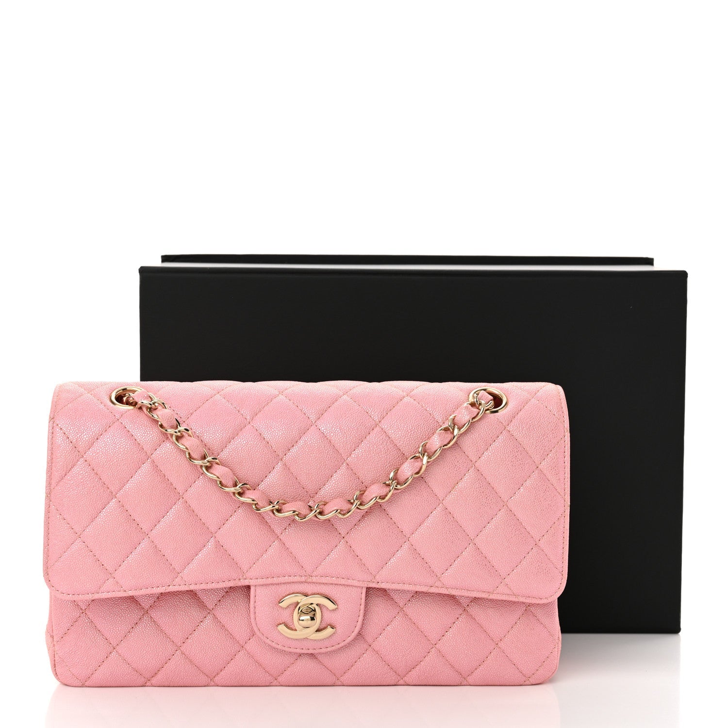 Iridescent Caviar Quilted Medium Double Flap Rose Pink