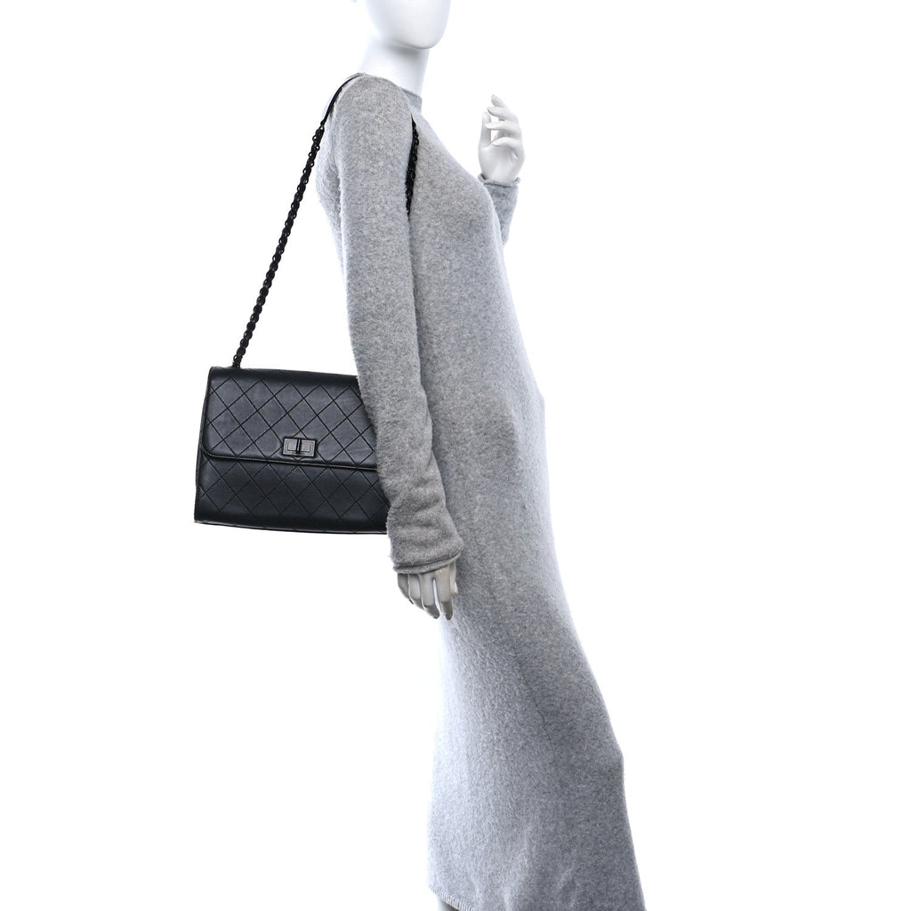 Calfskin Diamond Stitched Flap Shoulder Bag Black