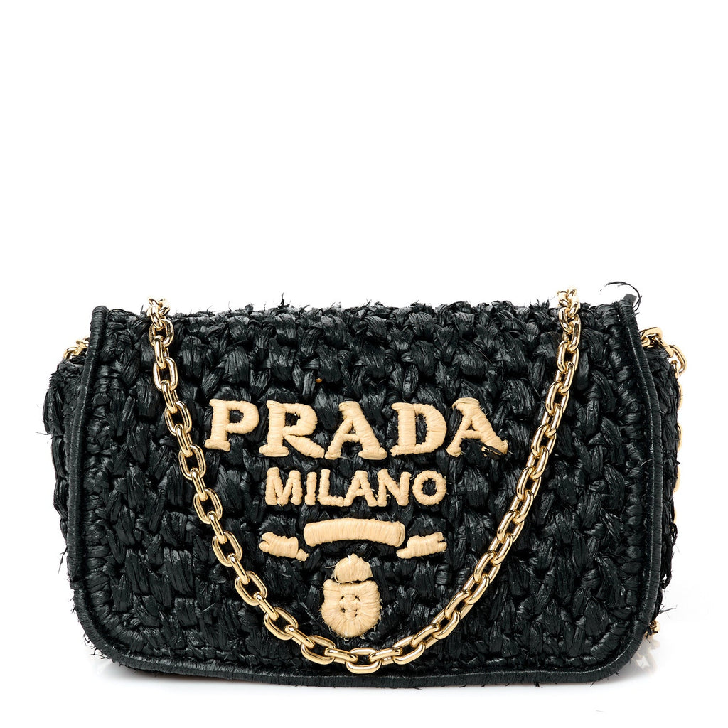 Yarn Raffia Effect Crochet Logo Shoulder Bag Black