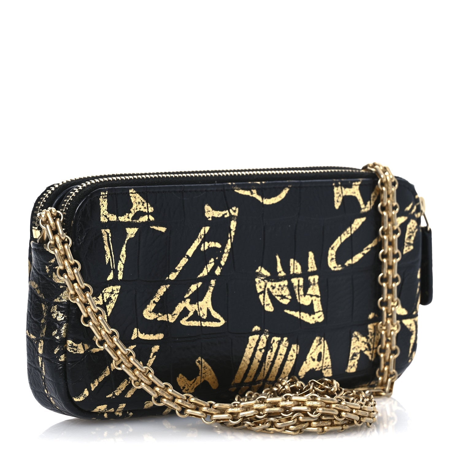 Calfskin Crocodile Embossed Graffiti 2.55 Cocodile Reissue Clutch With Chain Black Gold