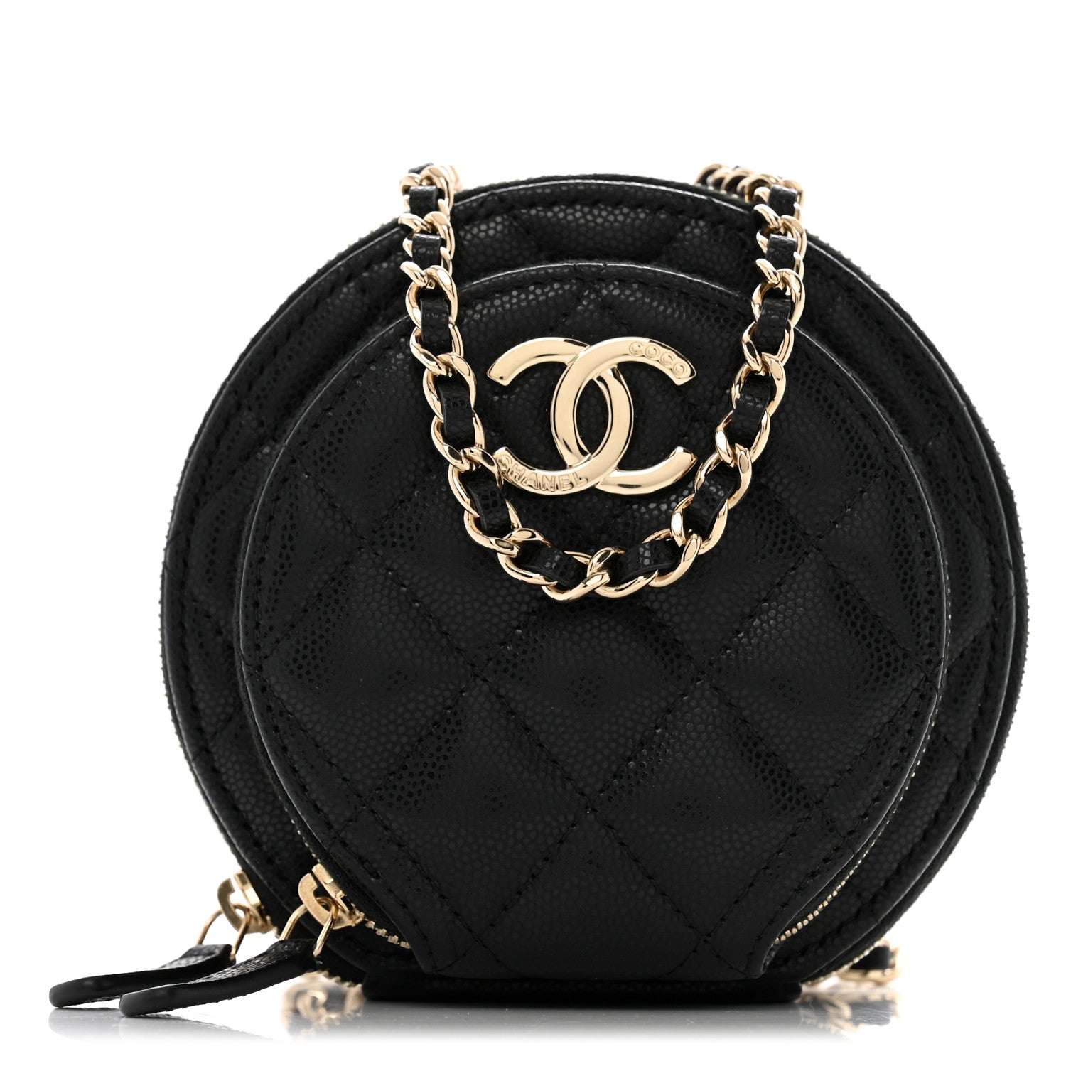 Caviar Quilted Round Coco Clutch With Chain Black