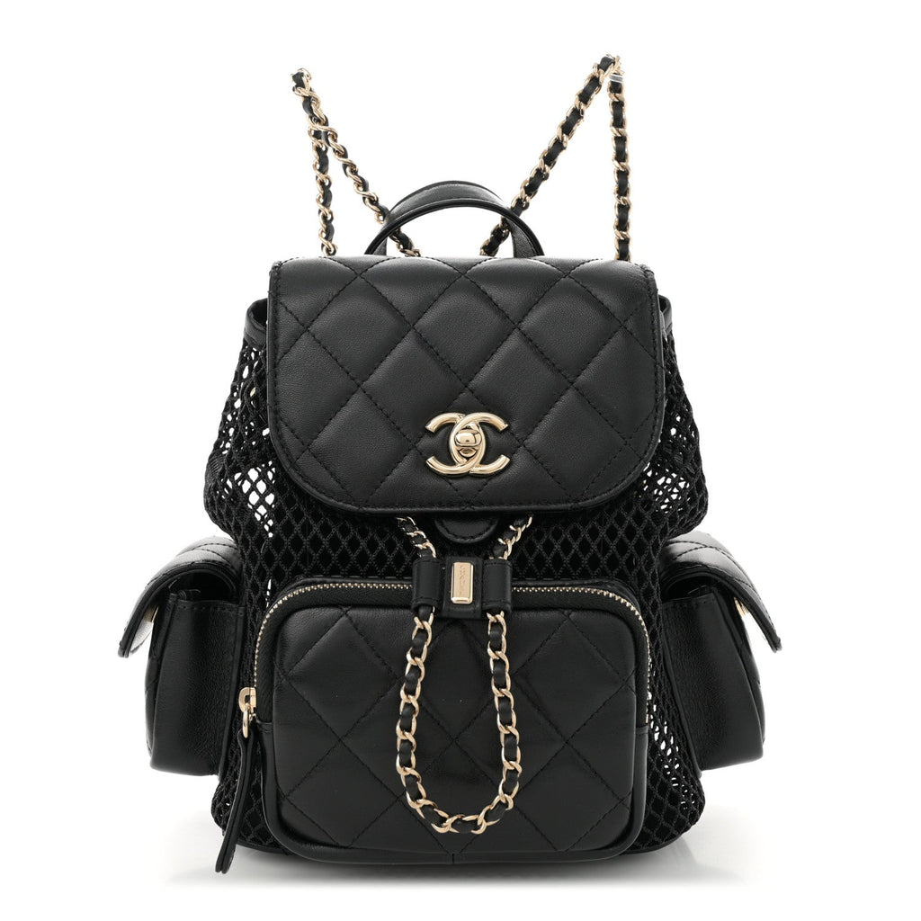 Shiny Lambskin Mesh Quilted Small Cargo Duma Drawstring Backpack Black