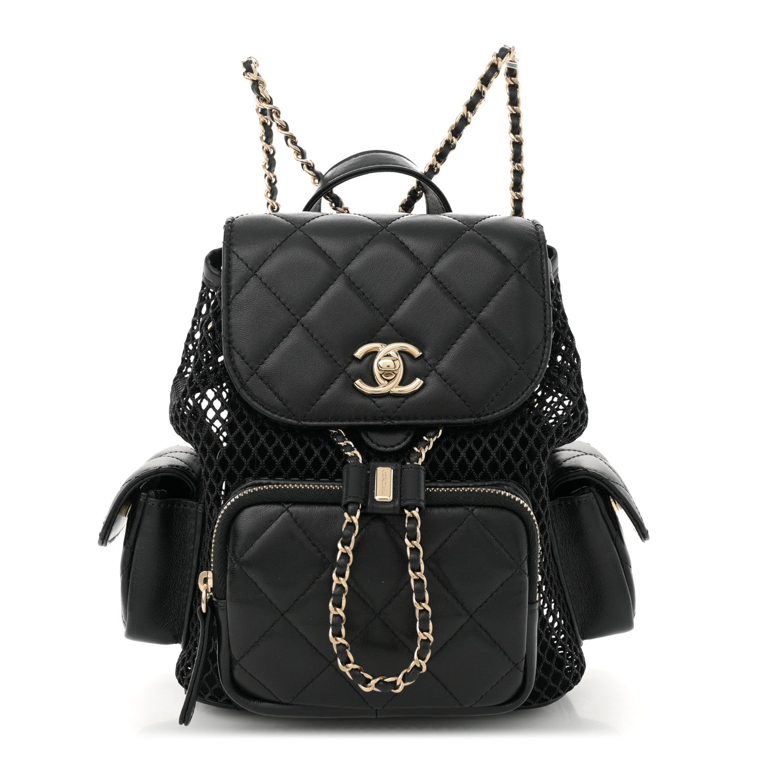 Shiny Lambskin Mesh Quilted Small Cargo Duma Drawstring Backpack Black