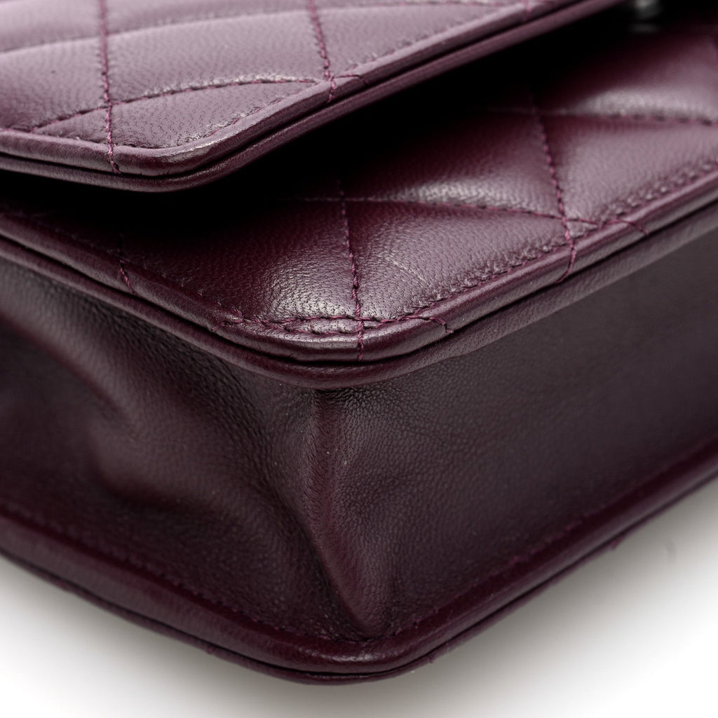 Lambskin Quilted Enamel CC Wallet On Chain WOC Burgundy