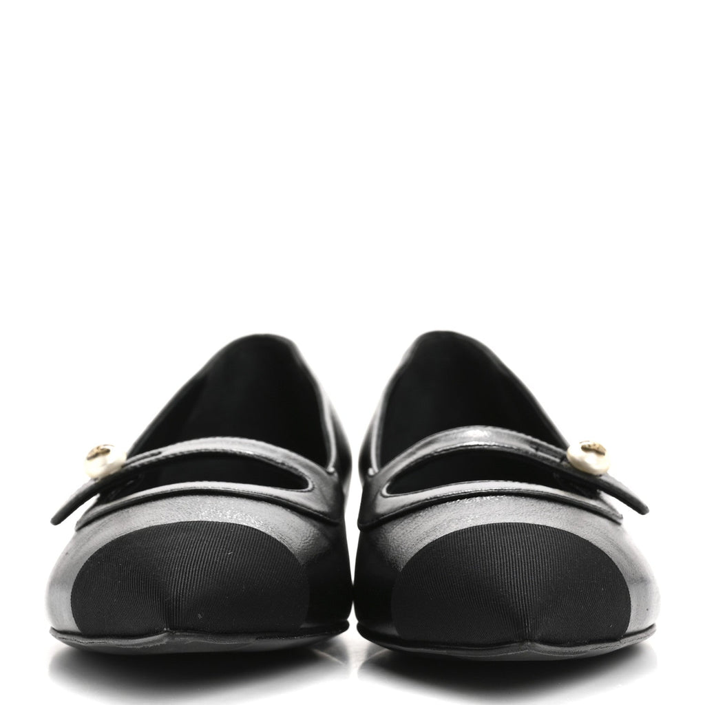 Shiny Lambskin Grosgrain Pearl Mary Jane Flats 37 Black