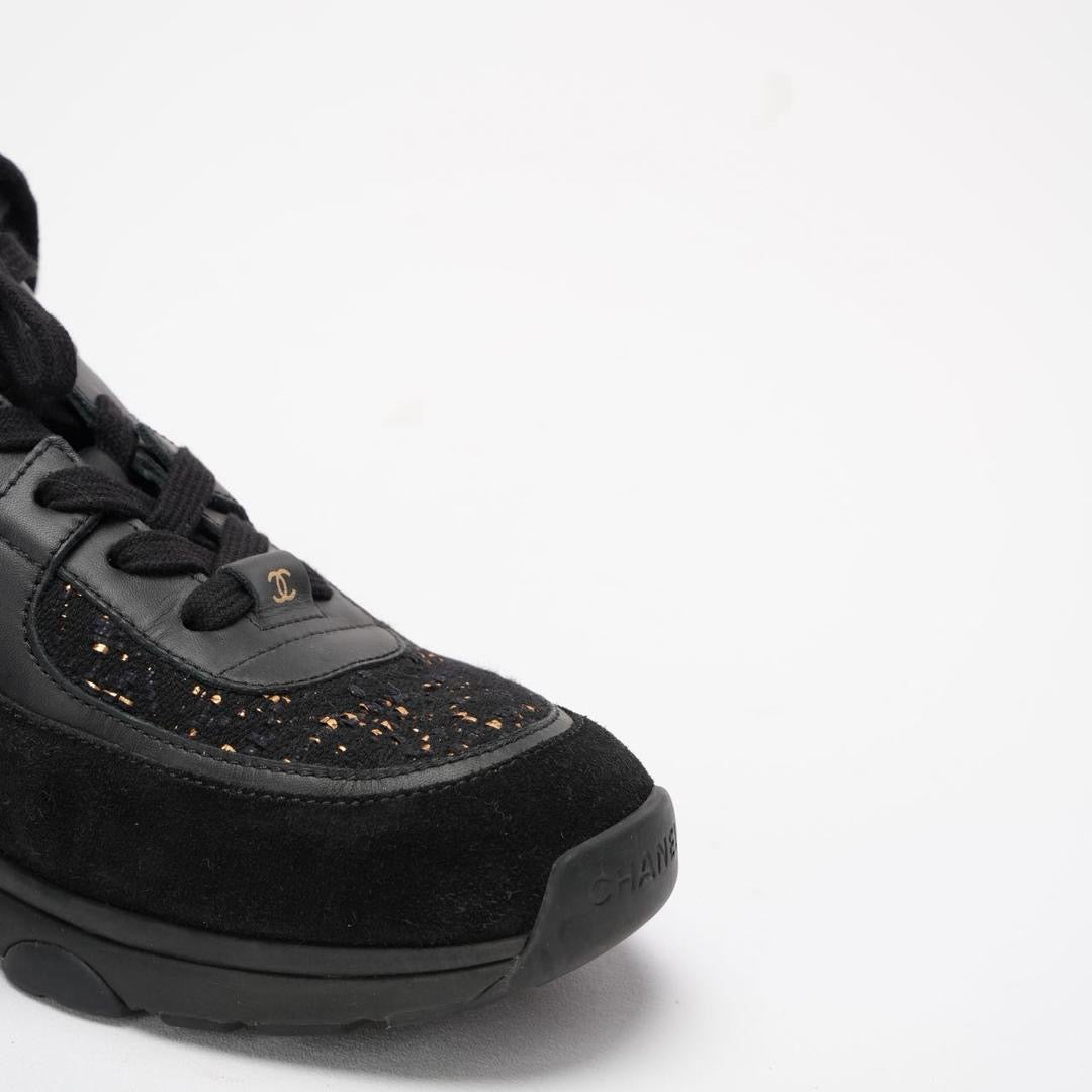 Chanel Black Leather and Suede Lace Up Sneakers 39 ½