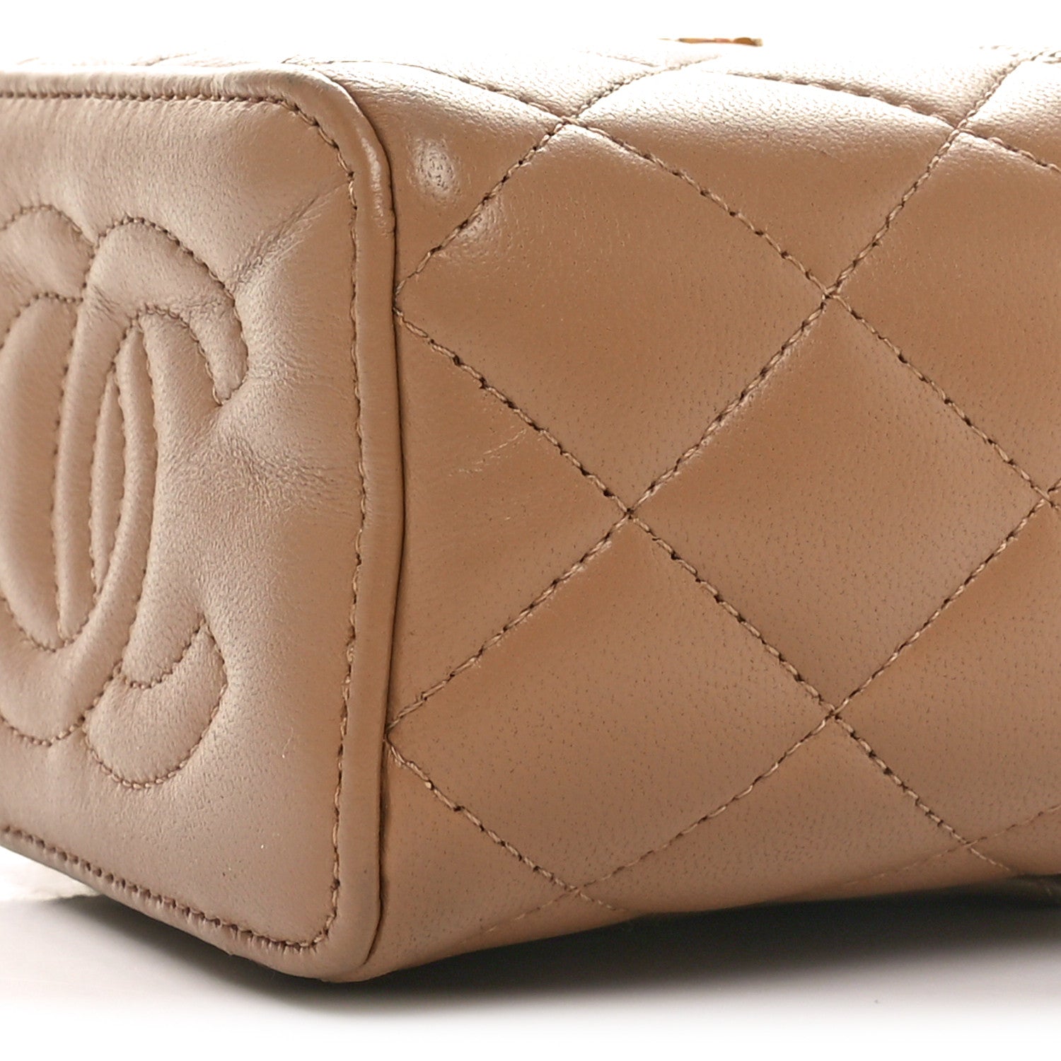 Lambskin Quilted Metal Mini Top Handle Vanity Case With Chain Beige