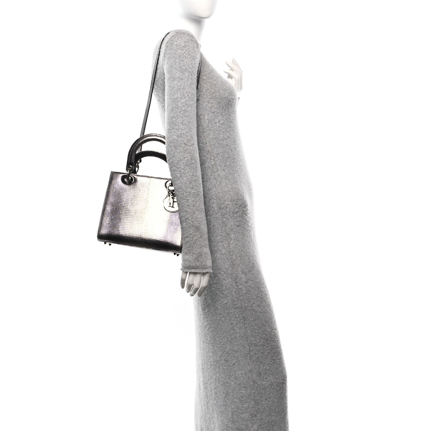 Metallic Lizard Medium Lady Dior Silver