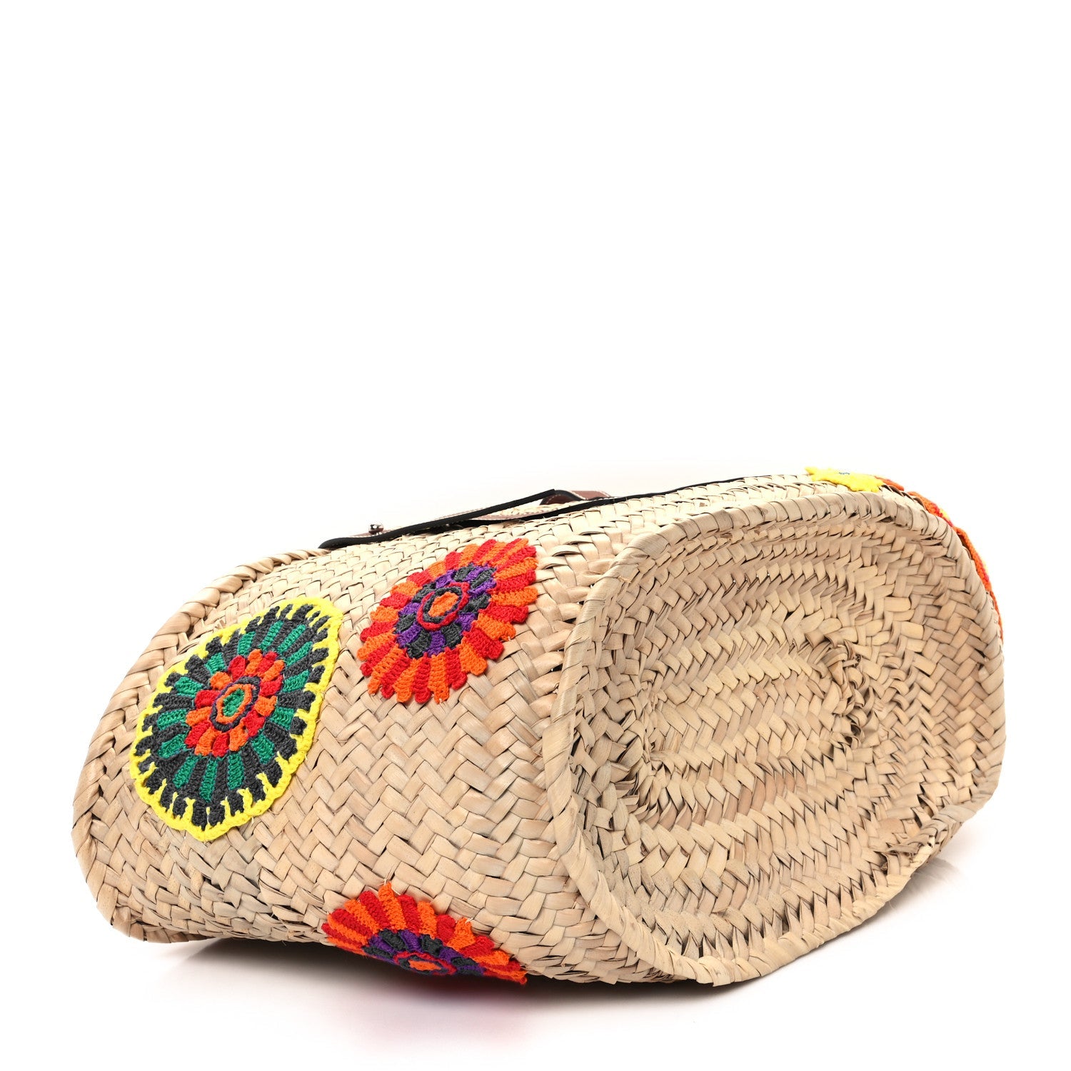 Raffia Floral Embroidered Medium Basket Tote Bag Natural Tan