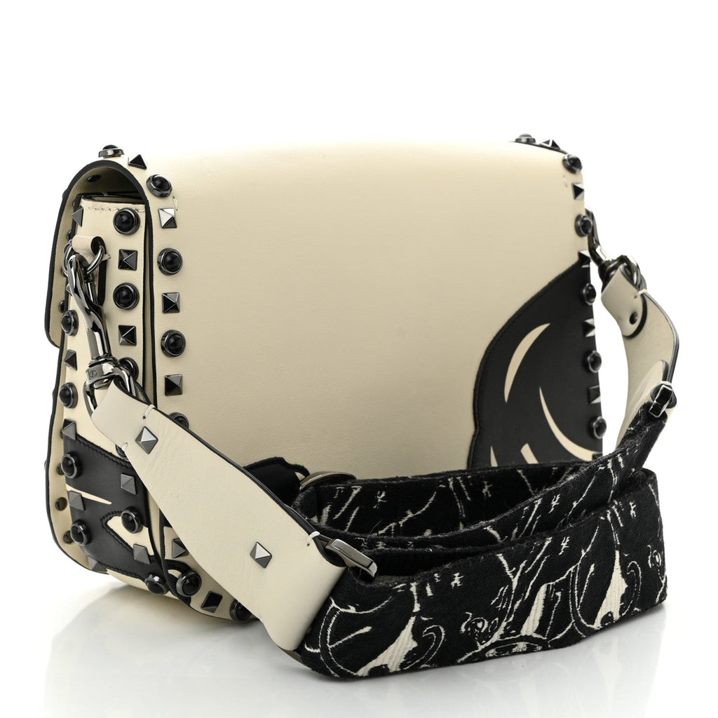 Calfskin Panther Medium Guitar Strap Rockstud Rolling Flap Saddle Bag Light Ivory Black