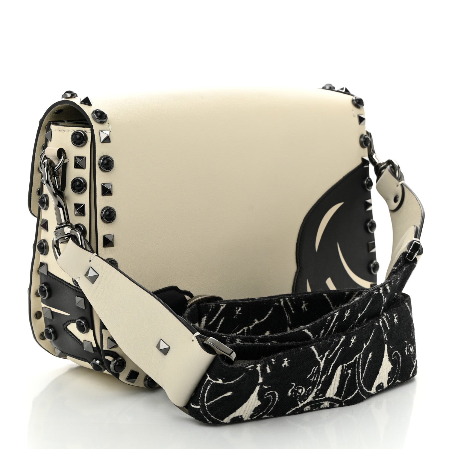 Calfskin Panther Medium Guitar Strap Rockstud Rolling Flap Saddle Bag Light Ivory Black