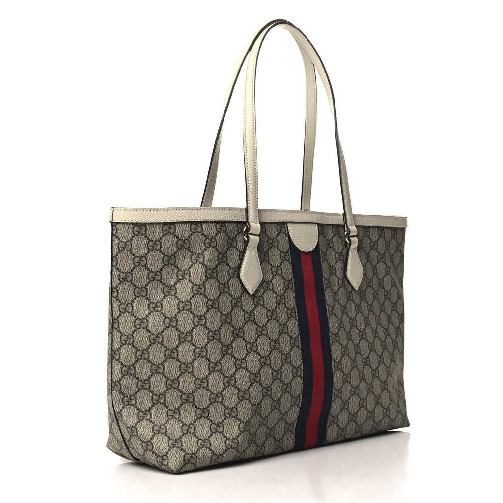 GG Supreme Monogram Textured Dollar Calfskin Web Medium Ophidia Shopping Tote Beige Ebony Mystic White