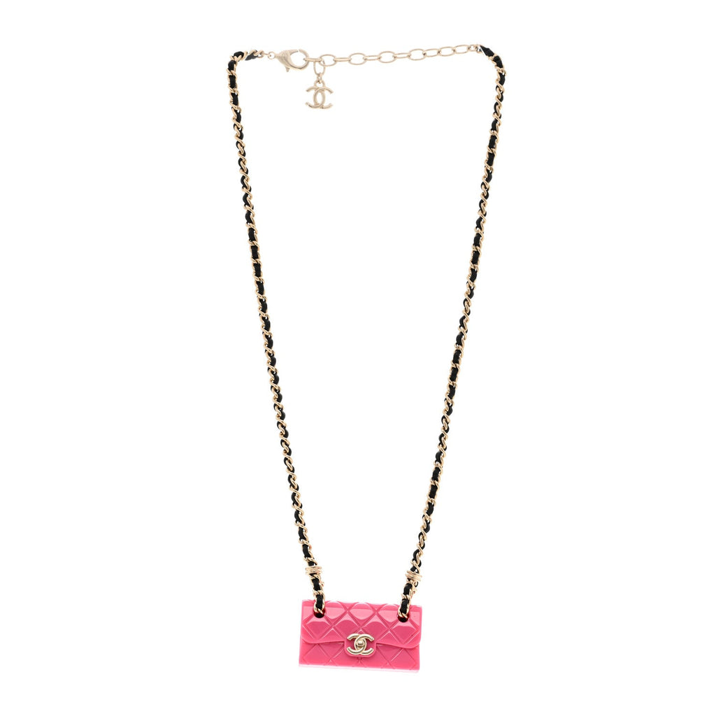 Metal Resin Calfskin Quilted CC Turnlock Chain Bag Necklace Gold Pink Gold Pink