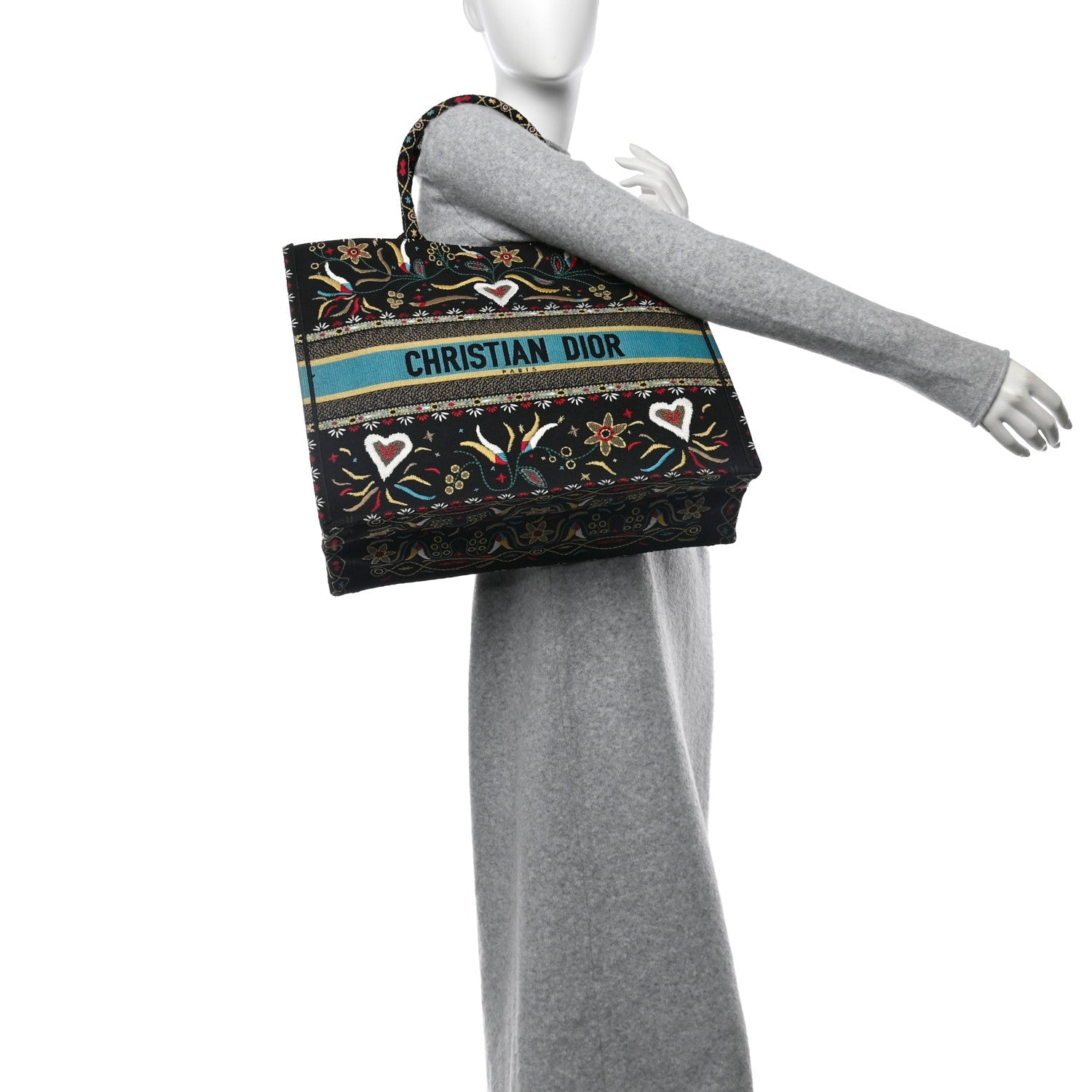 Canvas Embroidered Large Flowers Heart Book Tote Black Multicolor