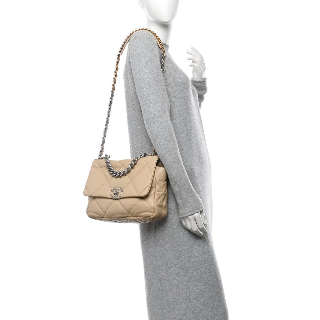 Goatskin Quilted Large Chanel 19 Flap Light Beige