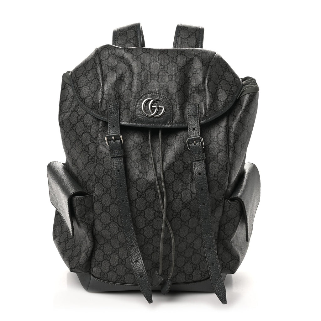 GG Supreme Monogram Textured Dollar Calfskin Medium Ophidia Double Buckle Backpack Grey Black Graphite Grey