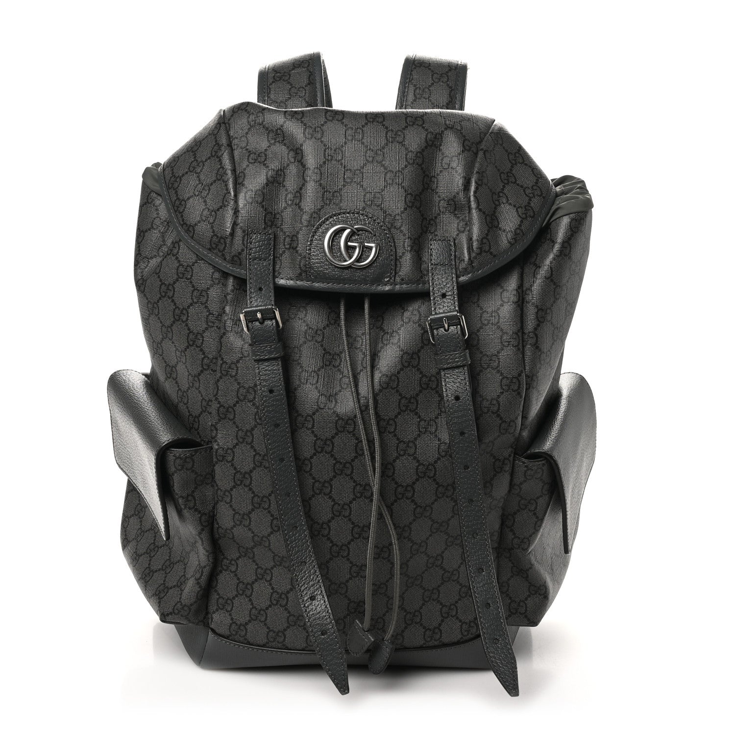 GG Supreme Monogram Textured Dollar Calfskin Medium Ophidia Double Buckle Backpack Grey Black Graphite Grey