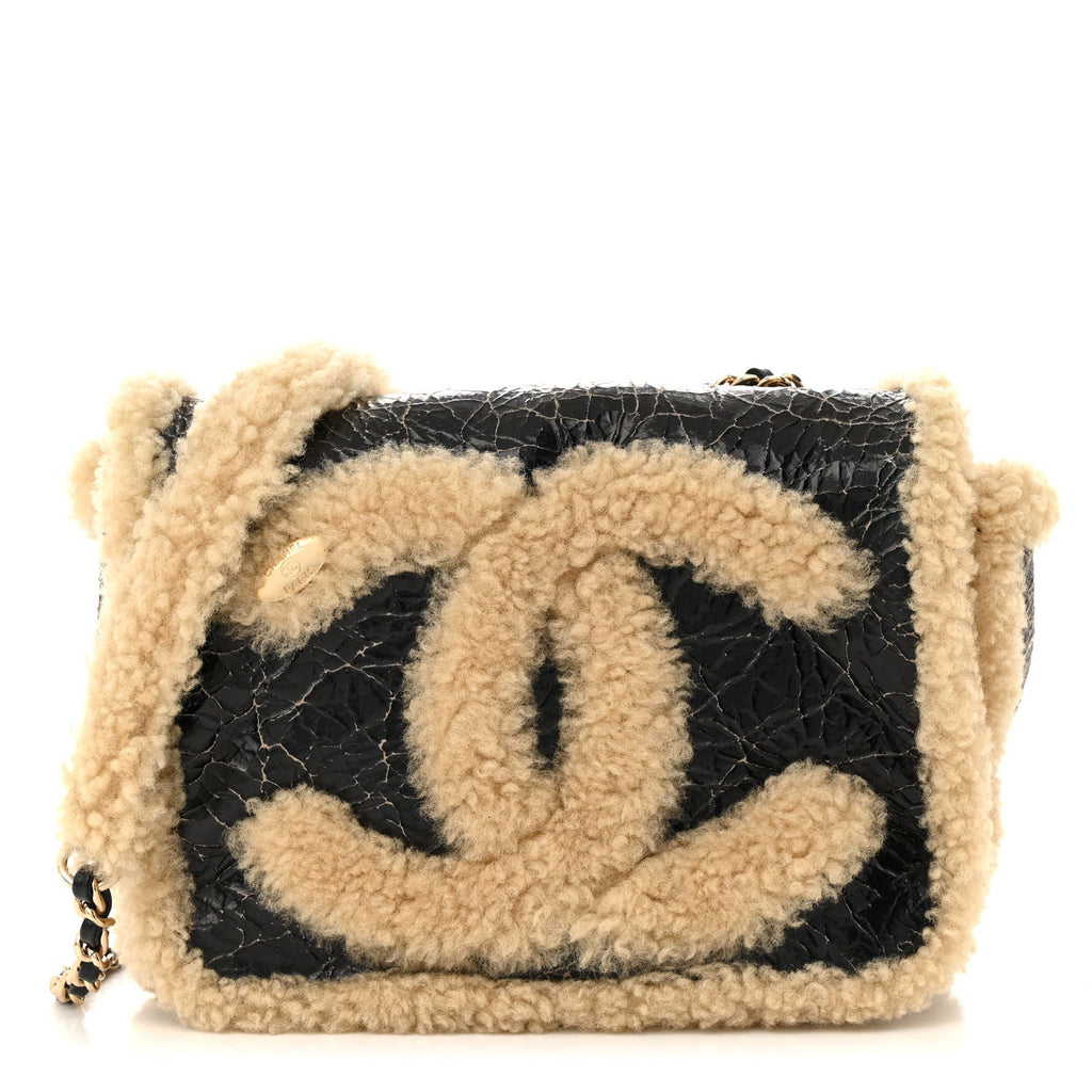 Shiny Crumpled Sheepskin Shearling CC Mania Flap Bag Black Beige