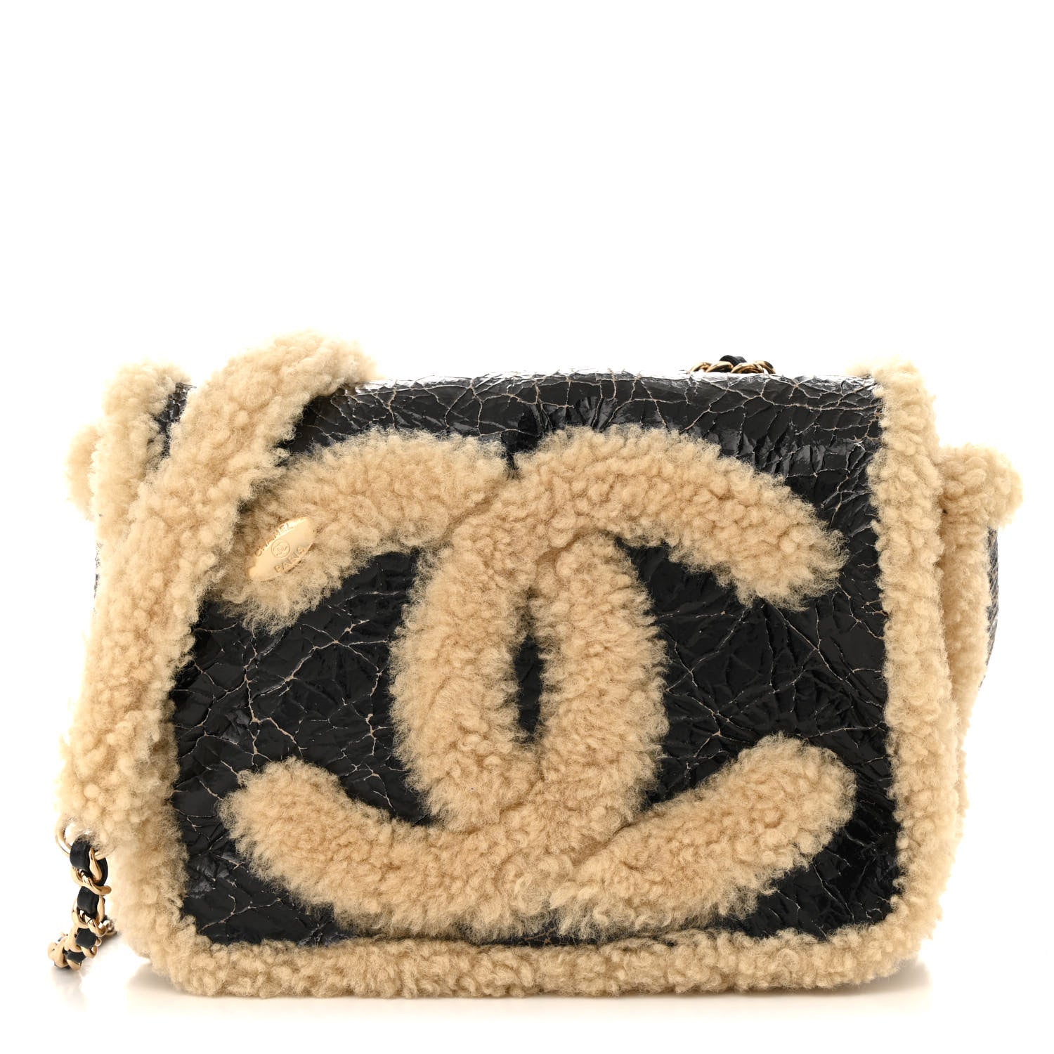 Shiny Crumpled Sheepskin Shearling CC Mania Flap Bag Black Beige