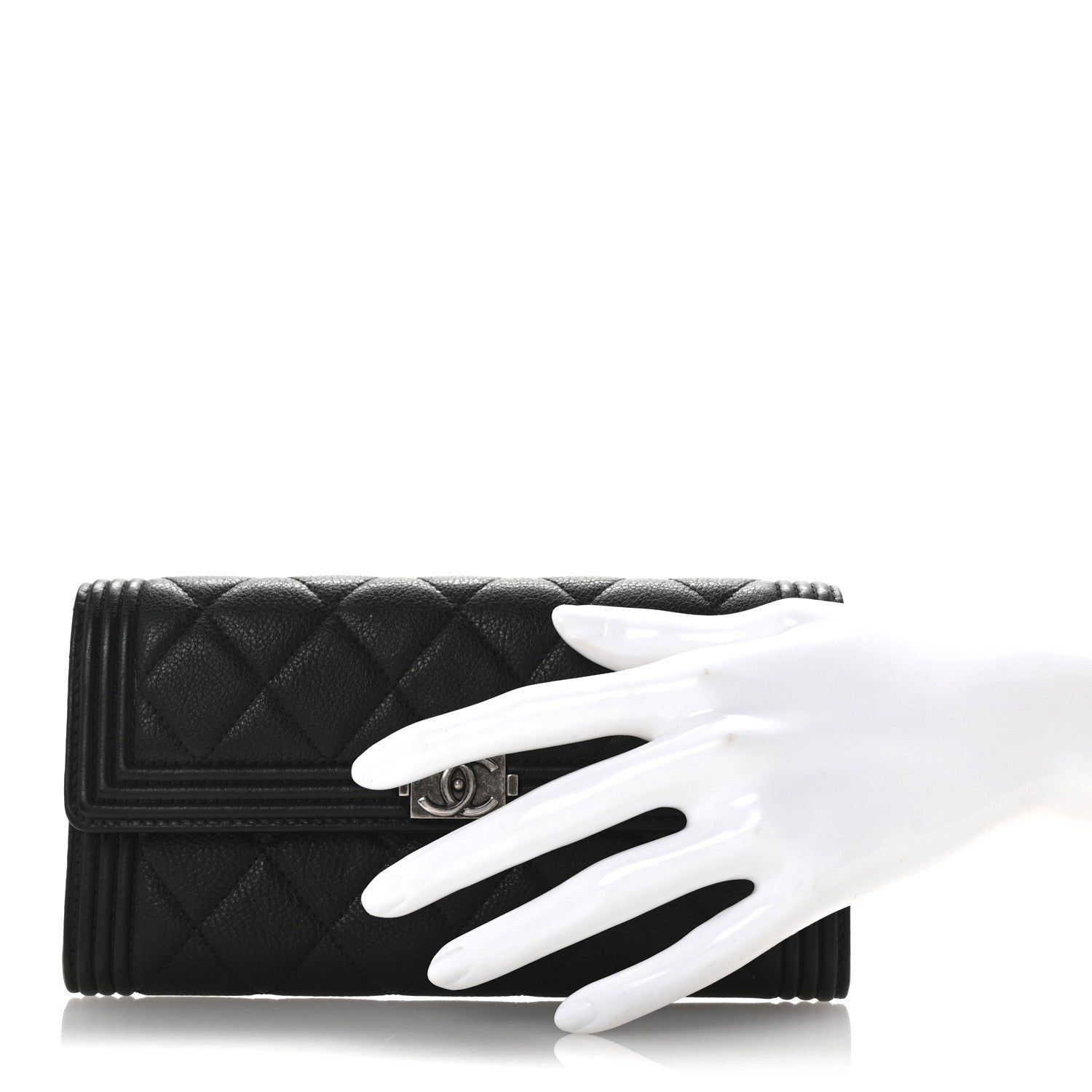 Calfskin Quilted Large Boy Gusset Flap Wallet Black