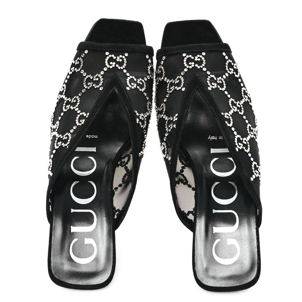 Tela Retino Kid Scamosciato Crystal GG Monogram Square G 95mm Slide Sandals 35 Black