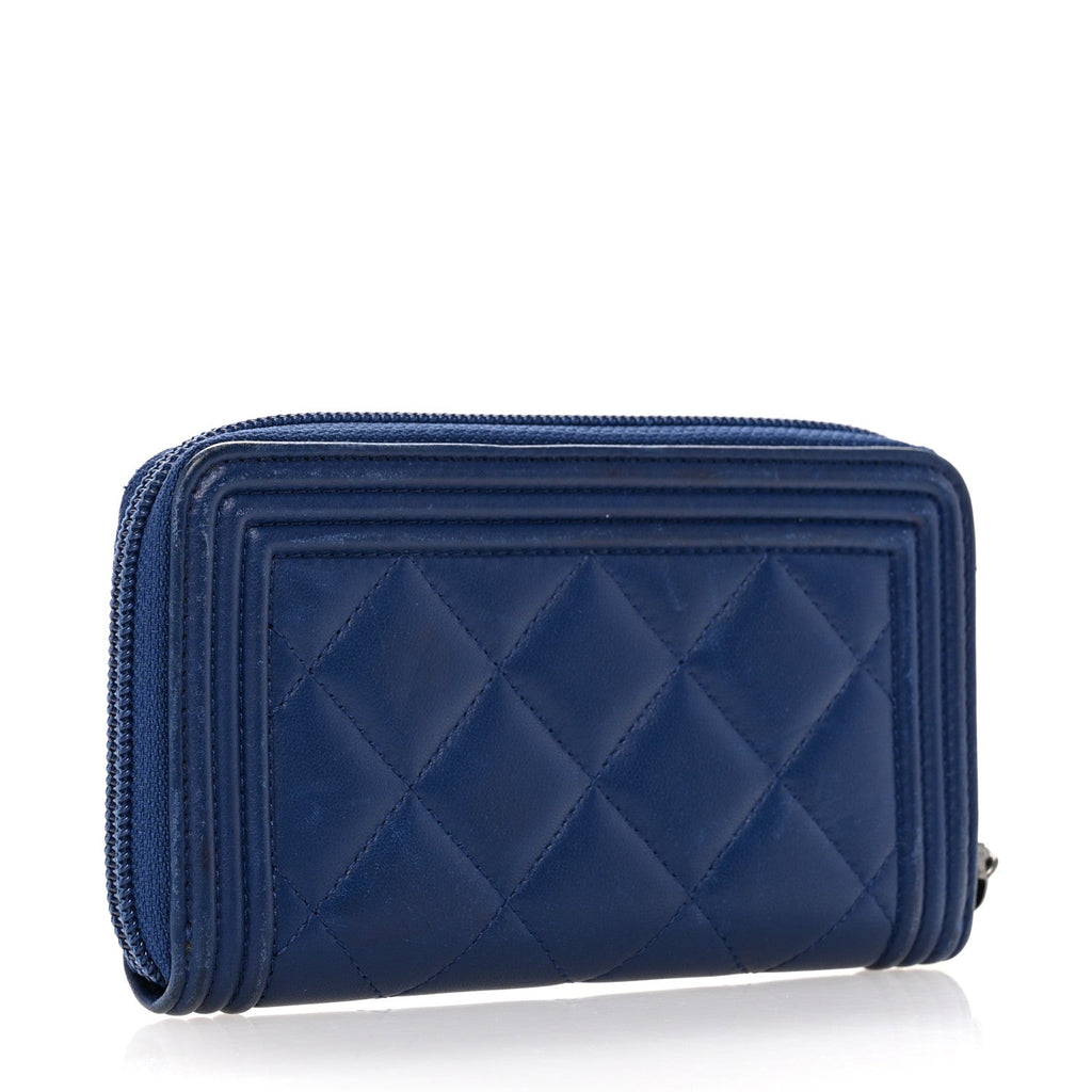 Lambskin Quilted Small Boy Zip Around Wallet Blue