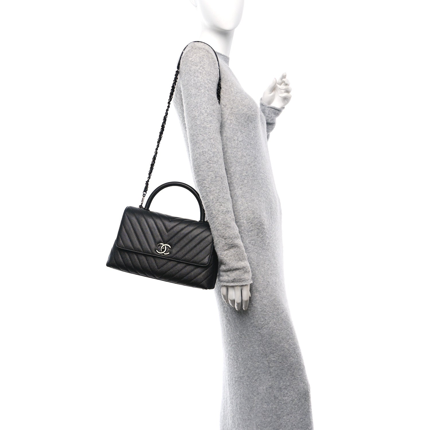 Caviar Chevron Quilted Small Coco Handle Flap So Black