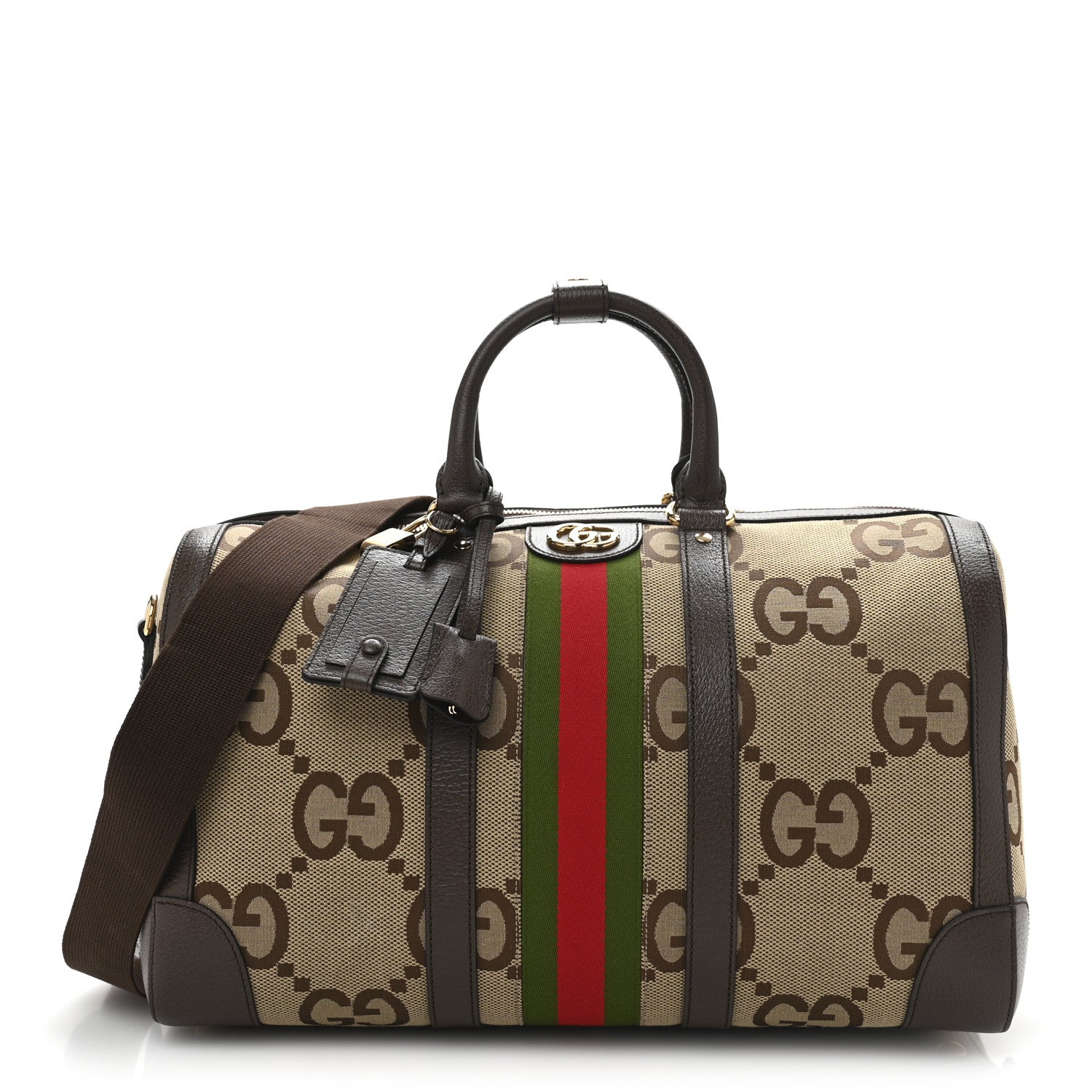 Monogram Jumbo GG Textured Dollar Calfskin Web Medium Duffle Bag Camel Ebony