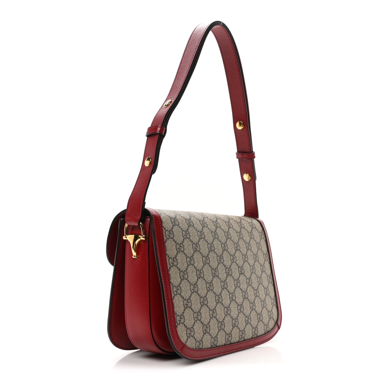 GG Supreme Monogram Azalea Calfskin Horsebit 1955 Shoulder Bag Beige Ebony New Cherry Red