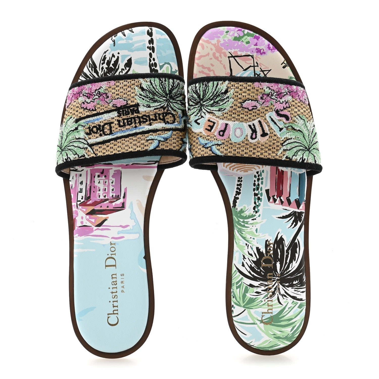 Raffia Embroidered Souvenir Saint Tropez Dway Mules Slide Sandals 38 Natural Multicolor