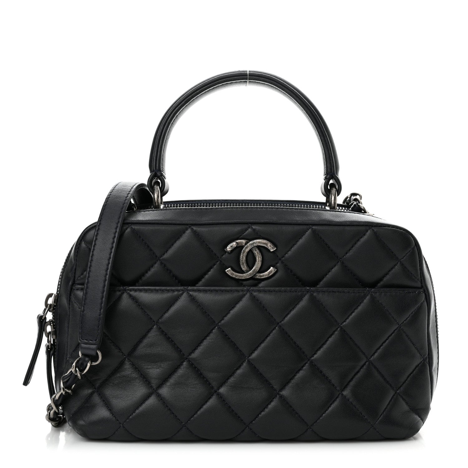 Lambskin Quilted Medium Trendy CC Bowling Bag Navy