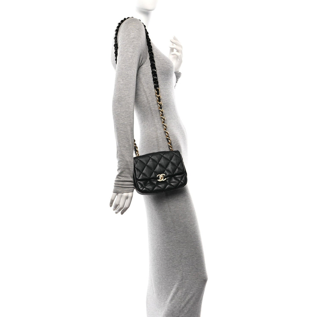Lambskin Quilted Mini Lacquered Chain Flap Black