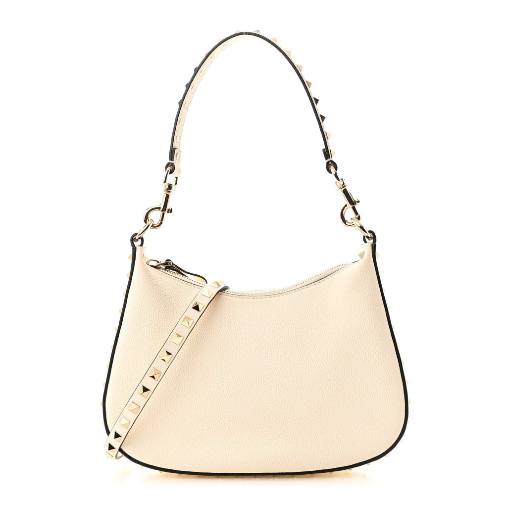 Grainy Calfskin Small Rockstud Hobo Ivory