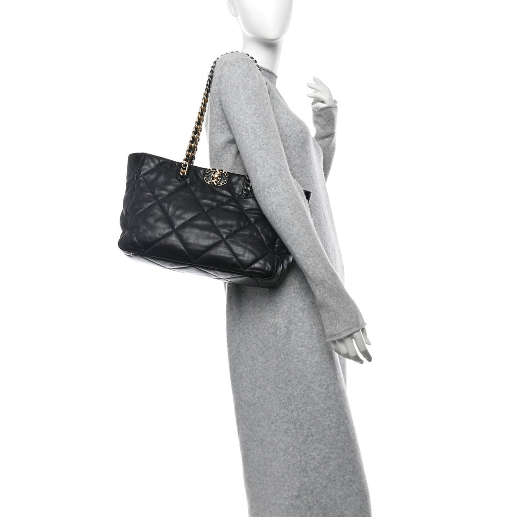 Lambskin Quilted Chanel 19 East West Shopping Bag Black
